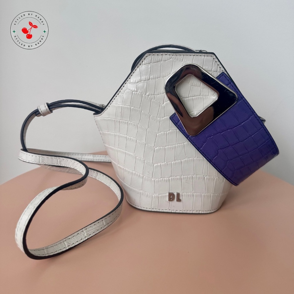 Danse Lente Crocodile Embossed Johnny Mini Bucket Bag in White and Purple